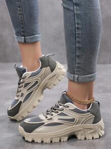 女士运动前厚底运动鞋，拼色皮革系带女鞋轻便透气运动鞋女鞋防滑耐磨户外运动鞋，舒适休闲女鞋