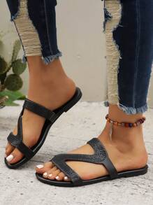 Women's Fashion High-End Casual Rhinestone Decor Flat Sandals - Black - View 4