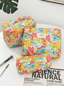 拼布心形和花卉刺绣化妆包，清新风格时尚休闲便携式化妆包，多功能大容量收纳包，可装钱包、口红、卫生巾、钥匙、衣服、化妆品、洗漱用品 - 紅色 - 查看 3