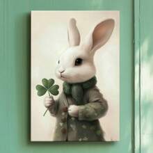 1pc St. Patrick's Day Framed Canvas Wall Art Poster Realism Surrealism Green Neutral A White Rabbit Holding A Four Leaf Clover Wall Art For Living Room Bedroom Bathroom Kitchen Apartment Hotel, Artful Home Decoration - Framed, Vertical