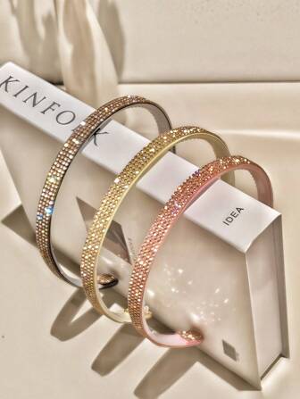 3 قطع/مجموعة 3 ألوان شريط رأس مزين بالراين ستون المعدني، عصري وكاجوال للنساء والفتيات، شريط شعر، حلقة شعر