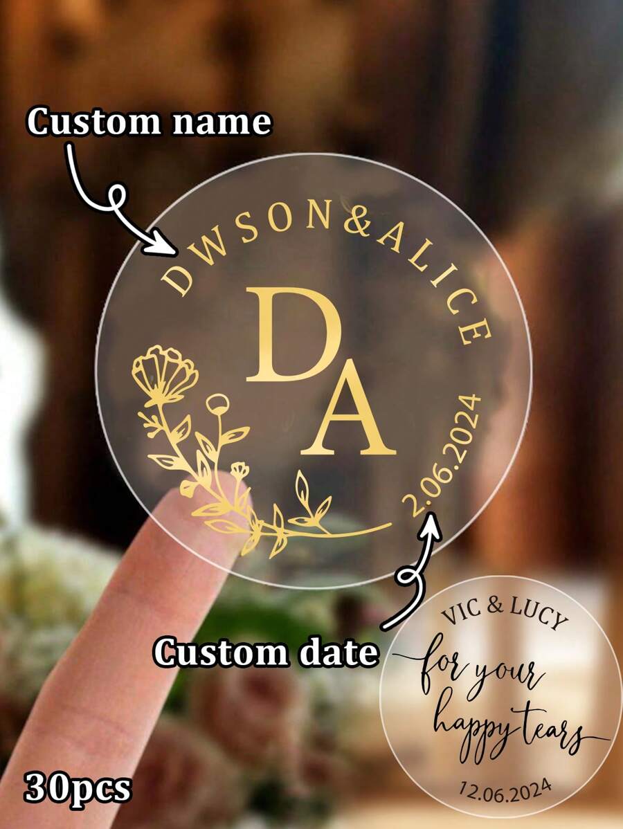 30-240Pcs Custom Name/Date Stickers, Round Transparent Gold Foil, Wedding Stickers, Personalized Anniversary Labels, Customized Text Party Favour Labels, Gold Stamping, Customizable Self-Adhesive Stickers, Party Bag Labels, 4x4cm, Gold Foil/Black Ink, Easter Gift, Suitable For Her, Bestie, Couple, Girlfriend, Wife, Colleague, Family,Warm Ambience, Autumn Home Refresh, Xmas Decoration,Home Harmony