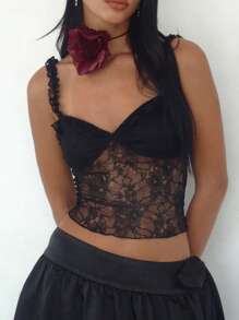 Women's Summer Fashion Cami Tops Black Sleeveless Open Back Lace Floral Cropped Vest - Black - View 3