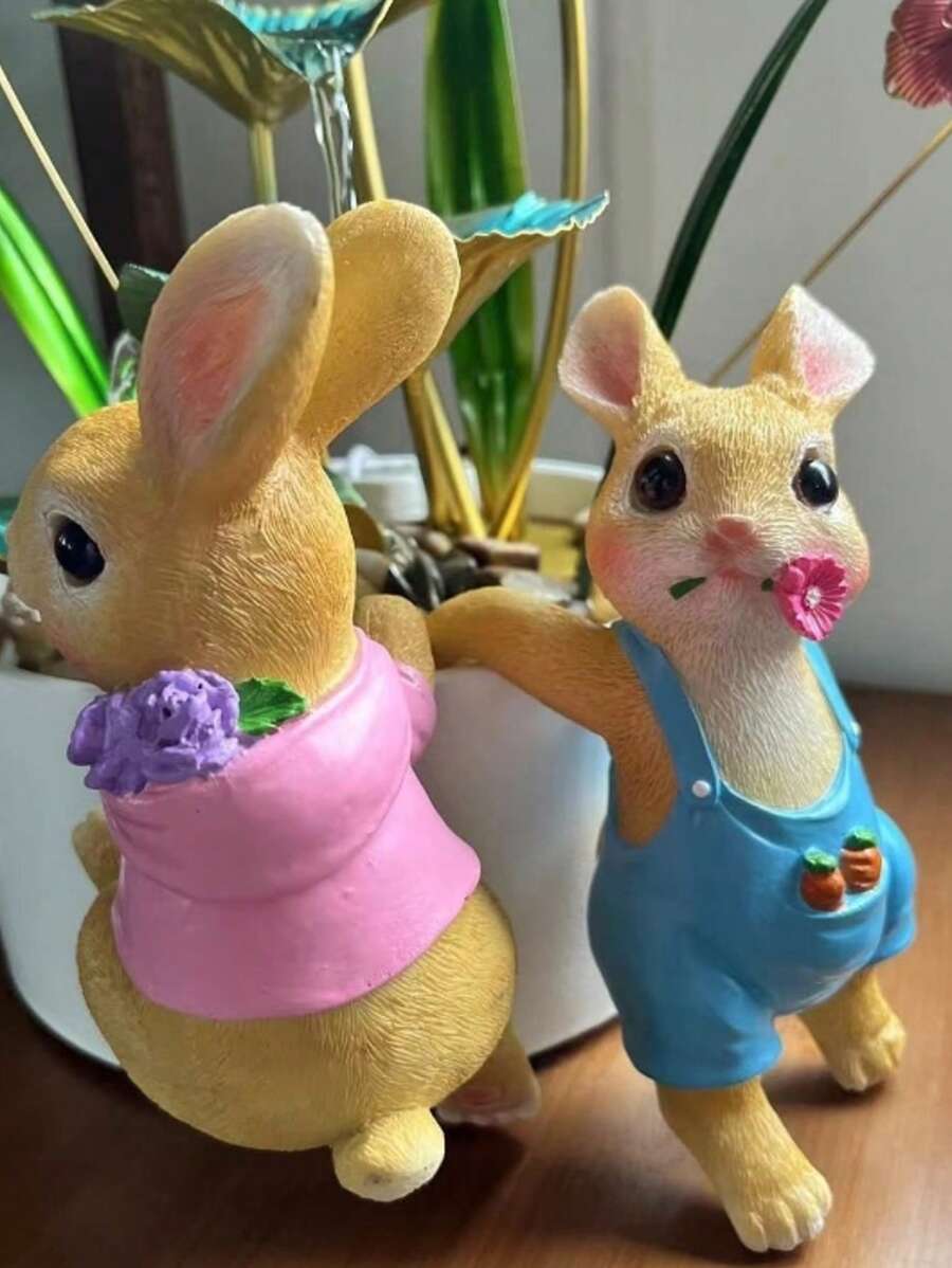 1pc Creative Hanging Rabbit Decoration, Cute Couple Rabbits Planter/Aquarium Decor Garden Ornament