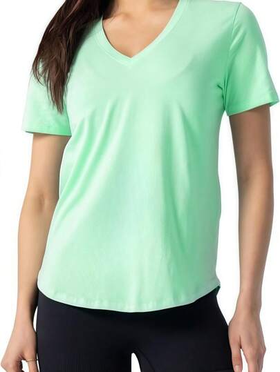 Christmas Women V-Neck Yoga Gym Fitness Running New Loose Elastic Short Sleeve T-Shirt, Fashionable Elegant Casual Sports Top