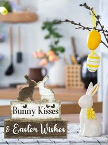 Rustic Wooden Sign - Bunny Kiss And Easter Blessing, Easter Wooden Ornaments, Farmhouse Tabletop Decor With Rabbit Silhouettes, Heart Accents & Bow Details, Holiday Home Desktop Decoration, Perfect For Home, Living Room, Or As A Gift For Easter, Rabbit Decor