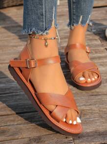 2025年夏季新款时尚厚底凉鞋，时尚百搭交叉复古休闲罗马凉鞋 - 棕色 - 查看 4