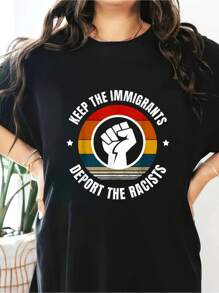 Keep The Immigrants - Deport The Racists T-Shirt Short Sleeve Round Neck Casual Top For Summer & Spring, Women's Clothing - Black - View 1