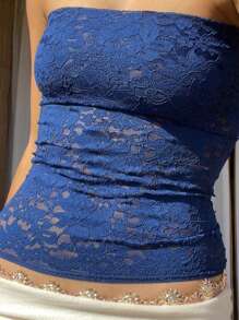 Women's Summer Sheer Lace Floral Off Shoulder Backless Slim Crop Tube Tops  Soft Top For Street  Party - 藍色 - 查看 6