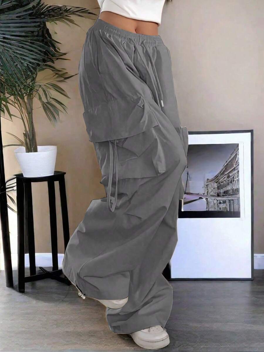 街头高腰翻盖口袋抽绳腰部弹性下摆褶饰休闲阔腿降落伞工装裤