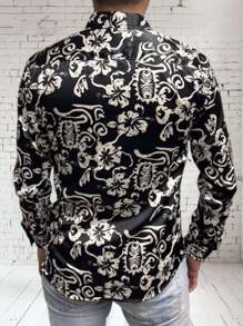 Camisa de caballero manga larga con estampado de flores satinado - Negro - Ver 3