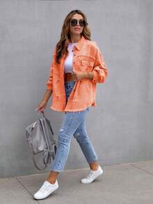 Ladies Single-Breasted Drop Shoulder Long Sleeve Denim Blouse - Orange - View 3