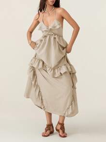 Women Y2K Summer Boho Long Dress Sleeveless Deep V Neck Halter Neck Layered Ruffle Maxi Dress Flowy Swing Beach Dress - Grey - View 6