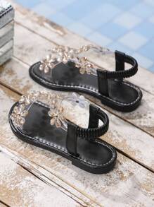 1 Pair Infant/Toddler Girls Rhinestone Sunflower Jelly Sandals, Transparent Strap, Flat, Round Toe, Elastic, Non-Slip, Fashionable, Cute, Comfortable, Casual, Suitable For 3-15 Years Old Boys And Girls, School, Gathering, Wedding, Indoor, Outdoor, Beach, Spring/Summer