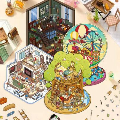 (2Pet Stickers+1Scene Card) DIY 3D Kawaii Cute Playground Treehouse Theme House Scene Stickers, 3D Sticker Scene Miniature Scene Stickers, 3D Stacking Stickers Add A Fun Touch To Your Life! - 3D Cute Cartoon Fun Sticker Set, Make Your Own World Stickers,Crafts Gifts For Relief Stress
