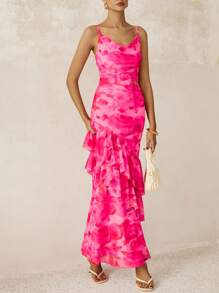 Women's Long Dress Summer Ruffled Layered Floral Beach Sundress With Thin Straps Wedding Guest Dress - 印花粉紅色 - 查看 3