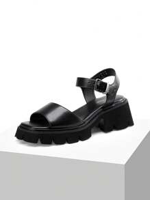 Women's Lug Sole Low Platform Summer Sandals, Stylish Open Toe Chunky Block Ankle Straps Heels Sandals For Summer/Spring - màu đen - Xem 4