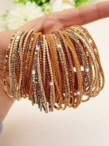 1 套多层咖啡色和香槟色手链，配有闪亮的水钻珠饰，弹性拉伸，适合日常佩戴和派对 - 水鑽手鍊 - 查看 2