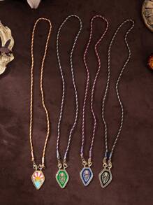 1 件波西米亚风格彩色盾牌几何祝福吊坠项链，手工编织绳，镶嵌锆石，电镀防水保色，女士礼物，女士珠宝 - 彩色 - 查看 4