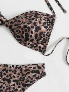 Plus Size Leopard Print Halter Sexy Textured Bikini 2Pcs Set For Beach, Pool, And Party - Rust Brown - View 3