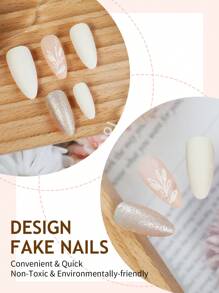 24 pezzi Adesivi per unghie a forma di mandorla media con motivo a foglie primaverili e glitter, unghie finte con copertura completa e brillantezza, adatti per uso quotidiano di donne e ragazze - Verde - Visualizzare 3