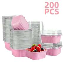 200pcs Baking Cups Aluminum Foil With Lids (100 Pans + 100 Lids), 5oz Square Cupcake Mini Cake Pans For Muffins, Desserts, Flans, Pudding & Party Food Display, Picnics Weddings - 粉色 - 查看 1
