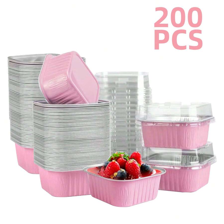 200pcs Baking Cups Aluminum Foil With Lids (100 Pans + 100 Lids), 5oz Square Cupcake Mini Cake Pans For Muffins, Desserts, Flans, Pudding & Party Food Display, Picnics Weddings - 粉色 - 查看 1