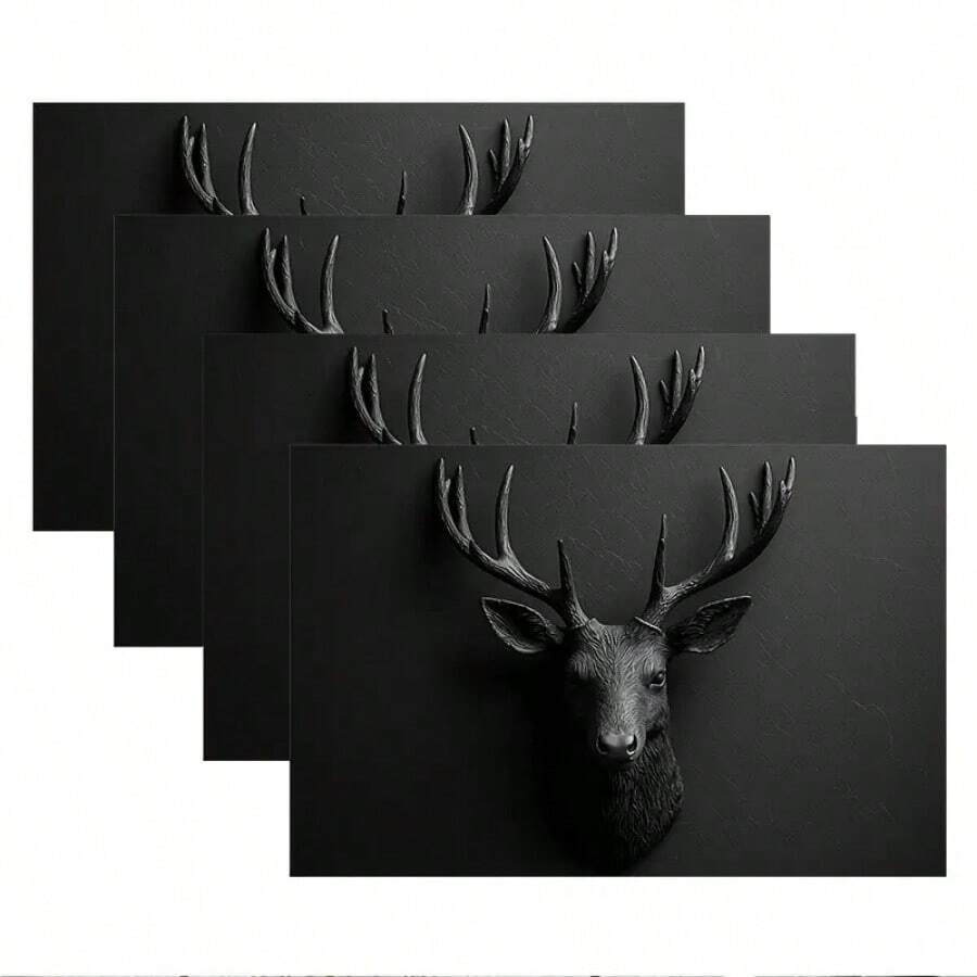 1/2/4/6/8 件鹿形餐垫，3D 哑光黑色涤纶编织矩形桌垫，可机洗，适用于厨房、婚礼、周年纪念、节日派对 - 12 英寸 X 18 英寸