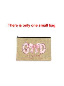 Khaki Tote Bag Two Pieces Set, Along With A Small Makeup Bag, "God" Letter Bow Zipper Women's Makeup Bag - Khaki - View 12