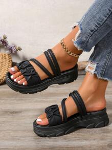 Women's Solid Color Strap Open Toe Comfortable Soft Bottom Fashionable Outdoor Platform Thick Bottom Casual Non-Slip Daily Walking Mule Sandals - Black - View 7