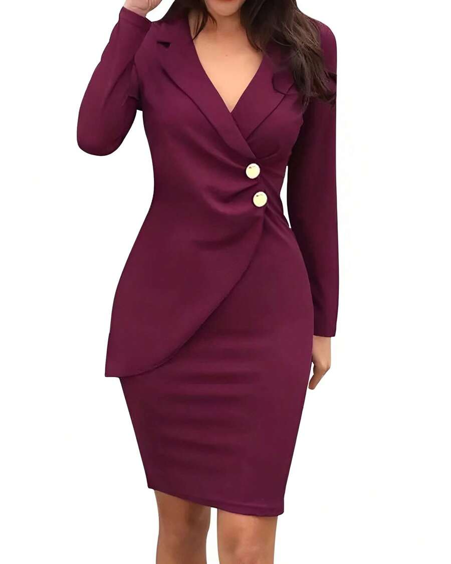 Women's Double-Breasted Long-Sleeved Jacket And Solid Color Pants Set - Red - View 1