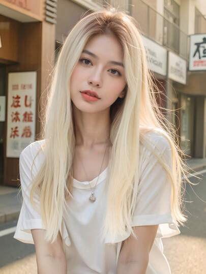 real me. 无胶蕾丝假发，棕色至金色渐变高光色，长直发，100% 雷米真人发，易于造型，适合任何场合，手工绑扎蕾丝区域，6*4 英寸蕾丝闭合，180% 密度，适合女性，长度 18-20 英寸，S27/613#