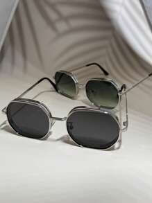 2pcs Men/Women Fashion Geometric Polygon Fashion Glasses, Metal Frame Decoration Outdoor Indoor Street Style Glasses, Black/Gold/Silver/Brown Color, Suitable For All Seasons, Thickened Frame With Ventilation Holes - 1*銀/灰+1*銀/漸綠 - 查看 6