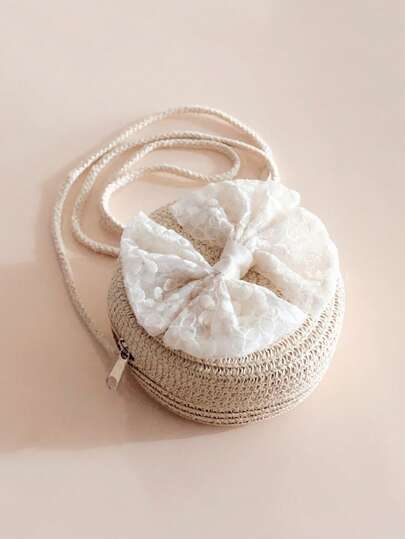 1pc Girls' Lace Bowknot Straw Crossbody Bag, Kids Coin Purse For Travel & Beach
