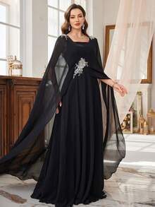 SUPGIR Đầm dạ hội trang trọng thanh lịch cổ vuông dài tay đính hạt sequin sang trọng eo hẹp cho nữ - màu đen - Xem 1