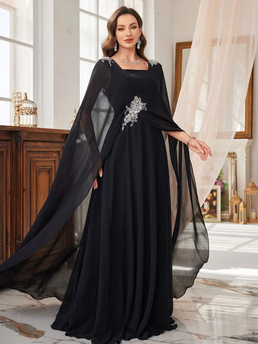 SUPGIR Đầm dạ hội trang trọng thanh lịch cổ vuông dài tay đính hạt sequin sang trọng eo hẹp cho nữ - màu đen - Xem 1