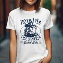100% Cotton Hotwife Cowgirl Rodeo Tee, Swinger Lifestyle Shirt, Funny Wife Gift, Rodeo Swinger Party Top, Reverse Cowgirl Hotwife Clothes Designer Clothes Slightly Fashion Stylish Stretched Soft Breathable For Women Homme Graphic Versatile Print Round Neck Short Sleeve Summer Casual Comfortable Streetwear - 白色 - 查看 1