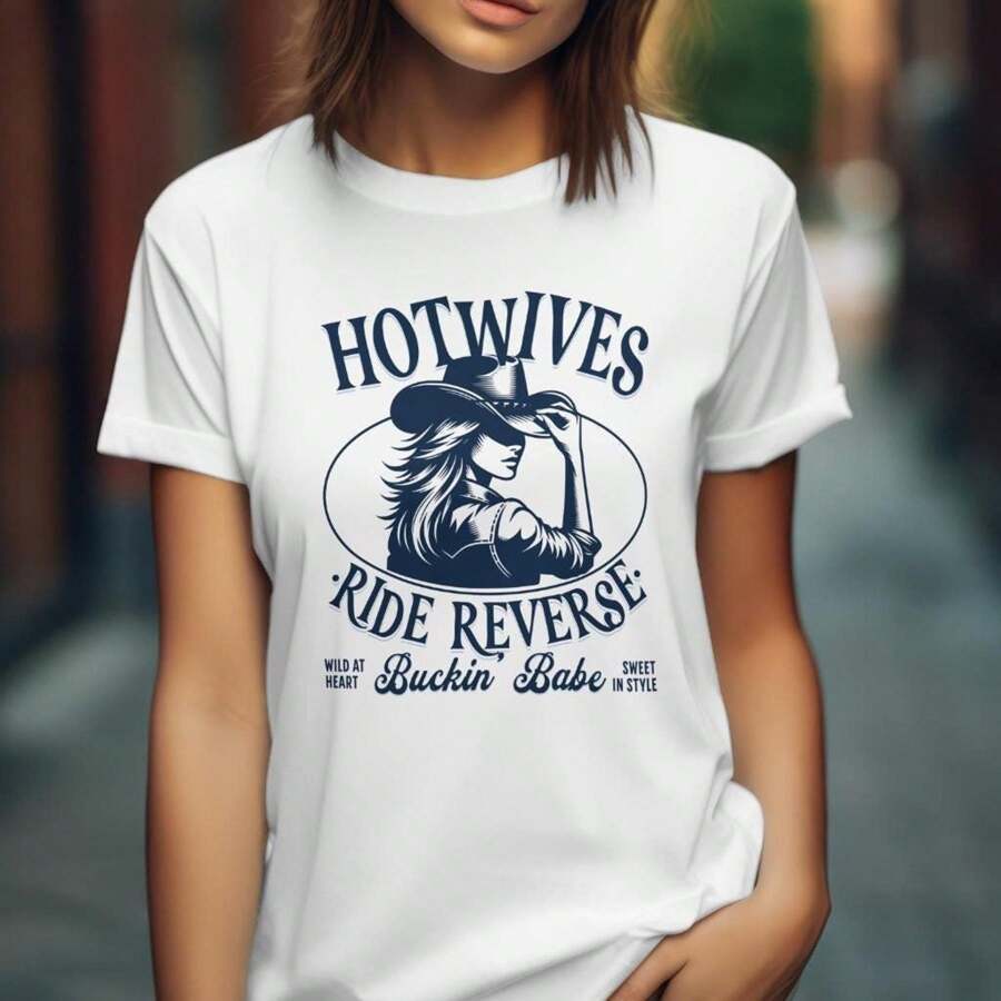 100% Cotton Hotwife Cowgirl Rodeo Tee, Swinger Lifestyle Shirt, Funny Wife Gift, Rodeo Swinger Party Top, Reverse Cowgirl Hotwife Clothes Designer Clothes Slightly Fashion Stylish Stretched Soft Breathable For Women Homme Graphic Versatile Print Round Neck Short Sleeve Summer Casual Comfortable Streetwear - 白色 - 查看 1