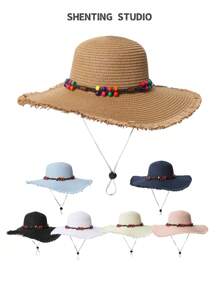 1pc Women's Colorful Beaded Decor Wide Brim Straw Hat, Breathable Summer Sun Protection With Drawstring, Suitable For Daily Matching, Beach Resort Travel, Photography, Fashion & Versatile - Straw Hat - View 1
