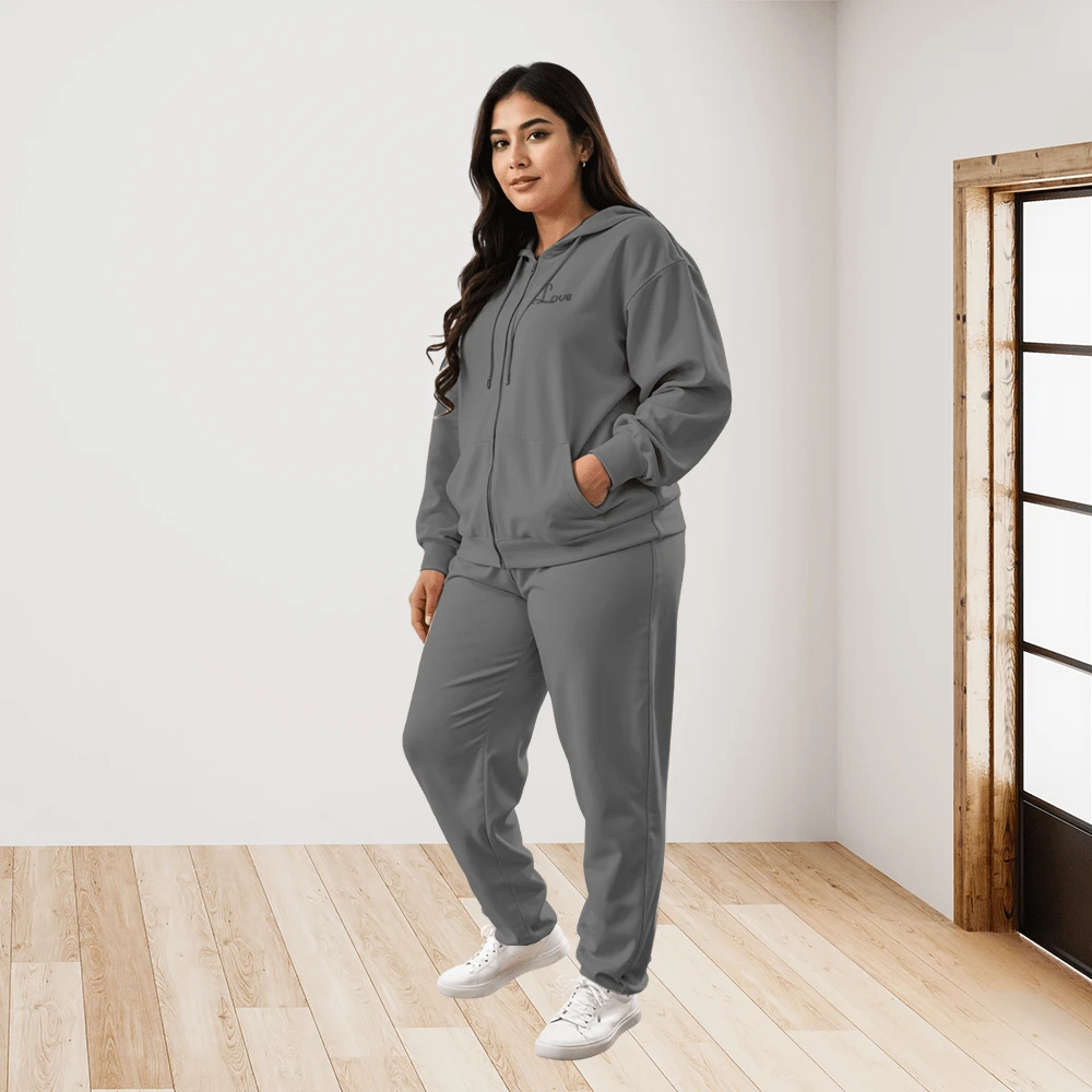 CONJUNTO TALLAS GRANDES PARA DAMA CON SUDADERA SEXY CON CAPUCHA Y PANTALON LX400 - Gris - Ver 1