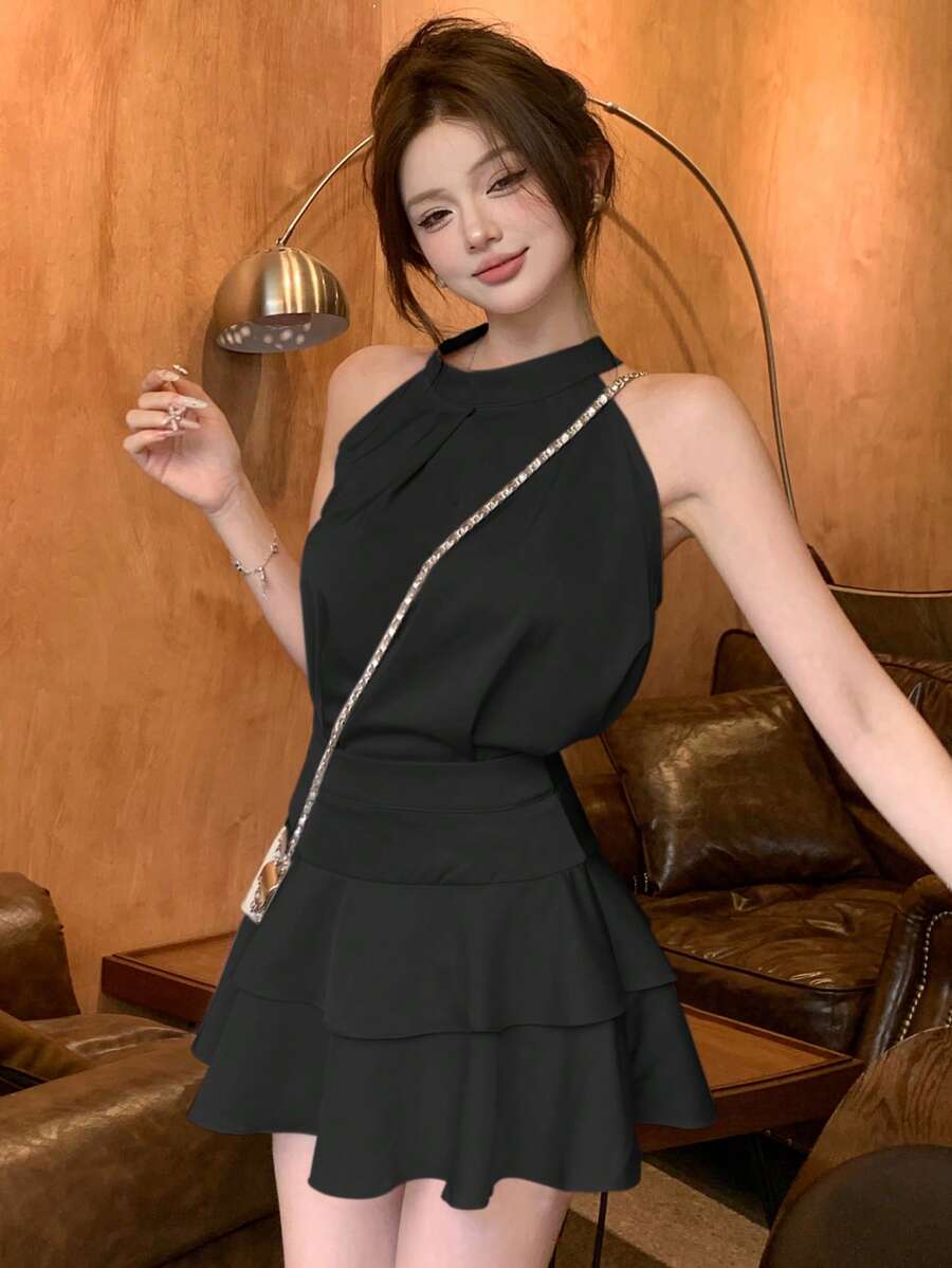 2 件套女士夏季露背无袖背心和荷叶边下摆 A 字迷你裙套装，优雅