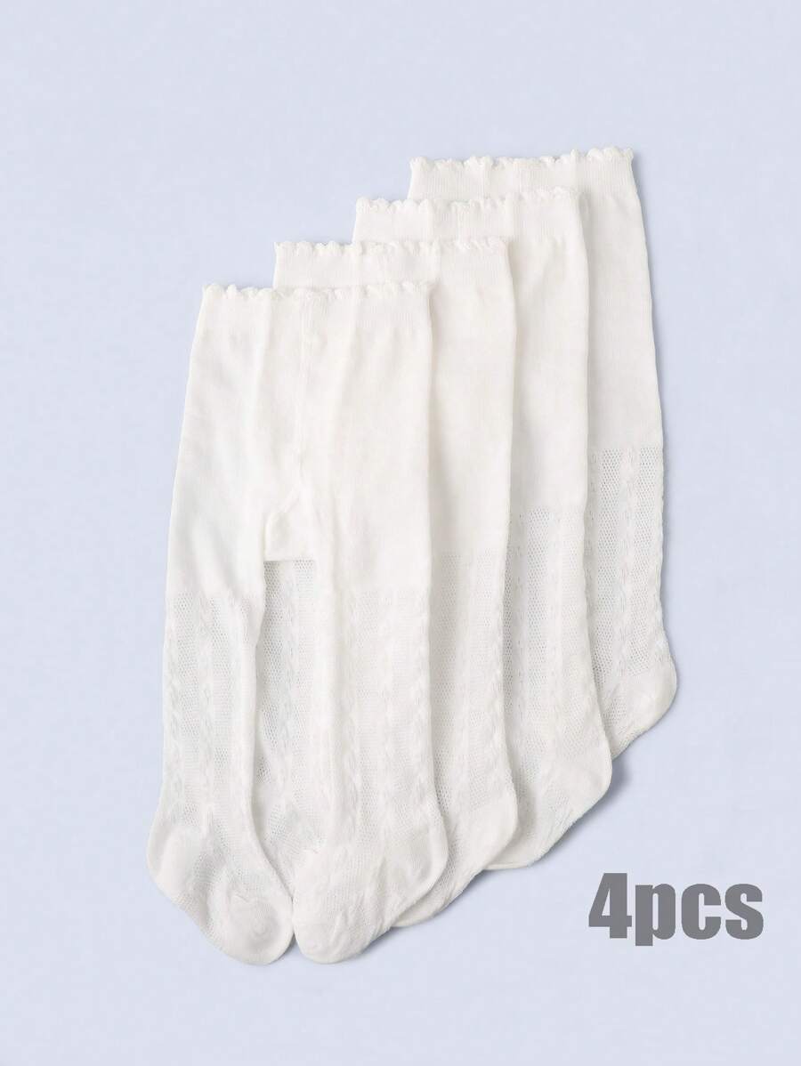 4pcs Girls' Simple Versatile White Mesh Snug Fit Leggings, Spring/Summer