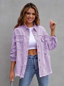 Ladies Single-Breasted Drop Shoulder Long Sleeve Denim Blouse - Mauve Purple - View 2