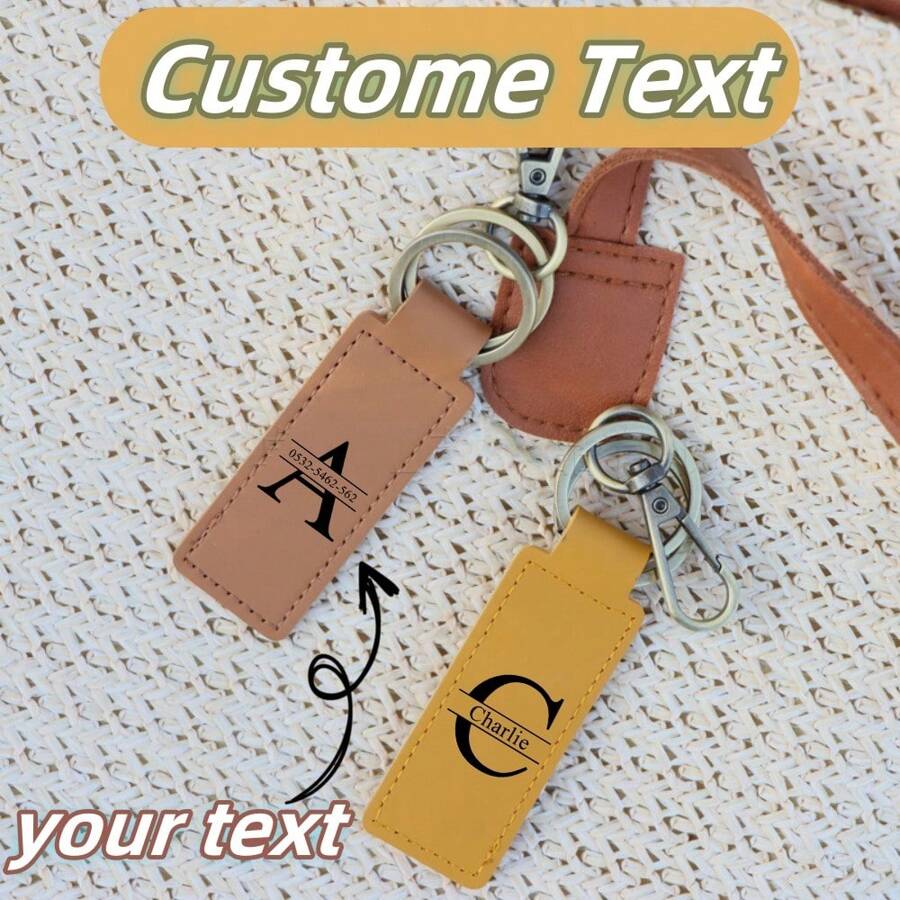 Customized Name Text Keychain, Personalized Leather Keychain, Wedding Anniversary Gift Engraved Leather Keychain Pendant, Holiday Gift, Send To Friends, Send To Lovers - Multicolor - View 1