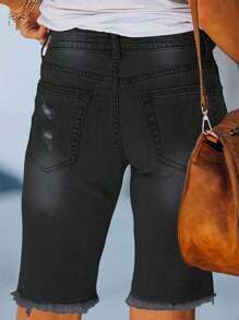 Quần short denim rách lưng vừa màu trơn mùa hè dành cho nữ - màu đen - Xem 5