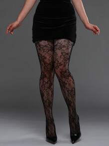 1pc Curve Tights, High Stretch Fishnet Skinny Pants, Sunflower Lace Tights For Women, Fashion Sexy Hollow Retro Black Stockings, Suitable For Halloween, Christmas, Y2K Outfits