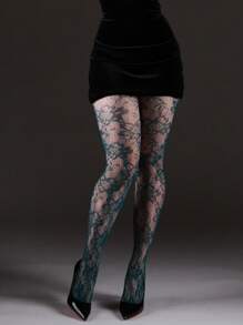 1pc Curve Tights Fishnet Leggings, Sun Flower Design Women's Fashion Sexy Hollow Out Retro Dark Green Stockings, Suitable For Halloween, Christmas, Y2K Outfit