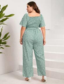 GoyRrbay Plus Size Casual Jumpsuits For Women Outfits Tie Belt Bell Sleeve Smocked Beach Wide Leg Floral Jumpsuits - 綠色小碎花 - 查看 4