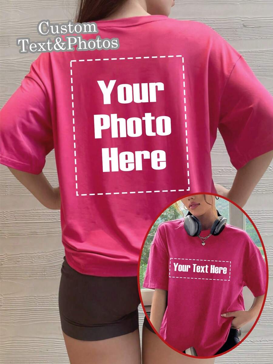 Customized Women's T-Shirt - Add Your Text And Photos (Landscape/Badge Design/Couple/Family/Selfie/Pet), Front And Back Print, Fashionable, Customized Women's Sportswear, Streetwear Casual, Sports Outdoor, Elegant Winter, Personalized Comfortable Loose Casual T-Shirt - Hot Pink - View 1