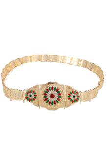 1pc Moroccan Luxury Women Long Robe With Gold Belt, Featuring Circular Floral Pattern Hollow Carving Inlaid With Abundant Rhinestones, Suitable For Females To Wear At Wedding Ceremony, Gala Dinner And Festival Occasions - Gold + White - View 7